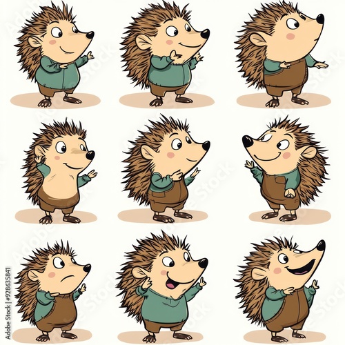 A collection of cute cartoon hedgehogs displaying various expressions and poses.