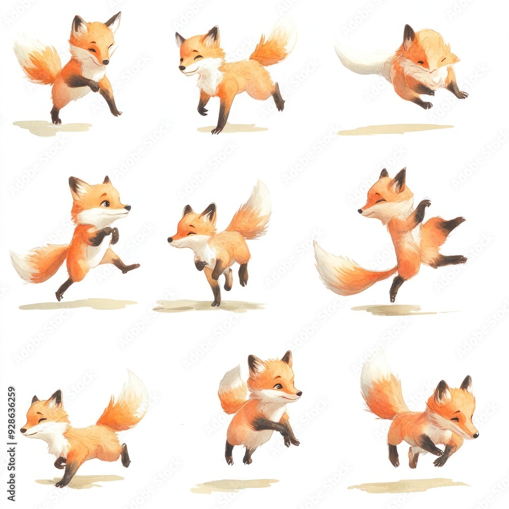 A series of playful fox illustrations showcasing various dynamic poses and movements. A series of playful fox illustrations showcasing various dynamic poses and movements.