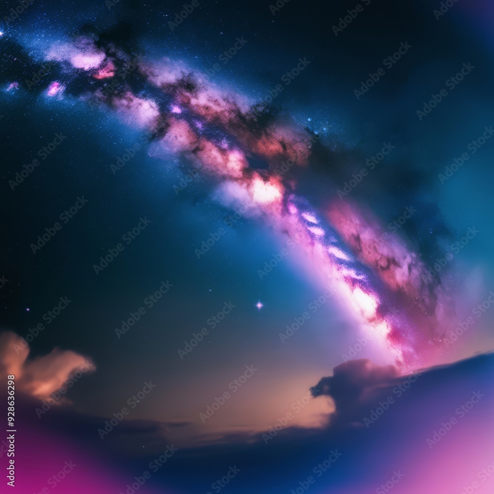 Obraz premium Milky Way galaxy as a background, rendered in surreal and hyperrealistic detail with an emphasis on vibrant, electric blue and purple hues against a blue-black sky
