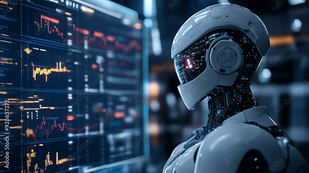 A white humanoid robot looks at a computer screen filled with data and graphs. A white humanoid robot looks at a computer screen filled with data and graphs.