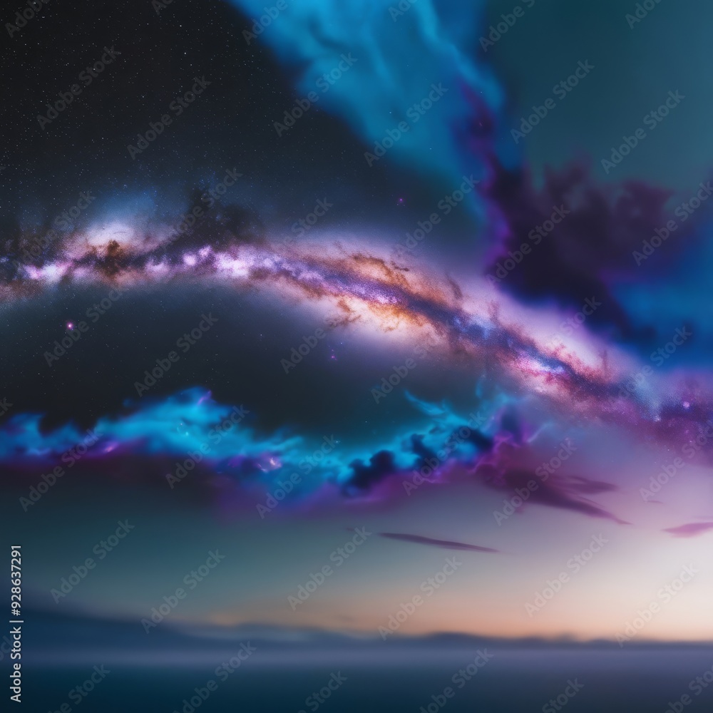 Naklejka premium Milky Way galaxy as a background, rendered in surreal and hyperrealistic detail with an emphasis on vibrant, electric blue and purple hues against a blue-black sky