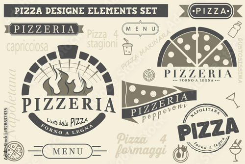 Set of pizza hand written lettering logo, label, badge. Emblem for fast food restaurant, pizzeria, cafe. Vector illustration