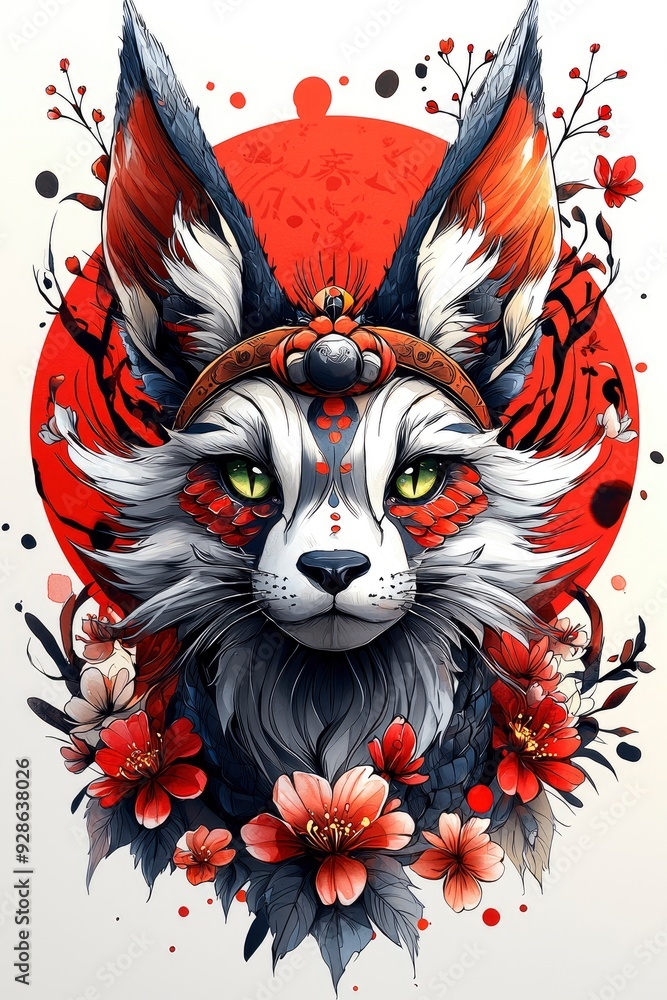 Mystical Fox with Red and White Flowers and a Red Moon Background Mystical Fox with Red and White Flowers and a Red Moon Background
