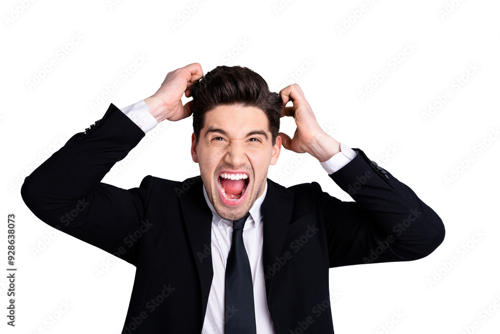 Portrait of frustrated chairman stylish millennial questions difficult exhausted rage scream shout yell touch hair irritated disappointed evil boss concept isolated on grey background in formal wear Portrait of frustrated chairman stylish millennial questions difficult exhausted rage scream shout yell touch hair irritated disappointed evil boss concept isolated on grey background in formal wear