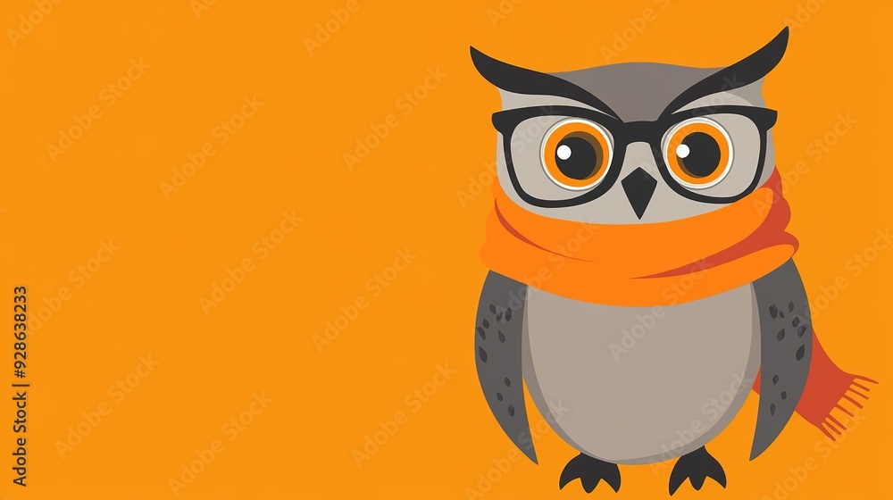 Fototapeta premium An owl wearing glasses and an orange scarf, set against a matching orange background. 