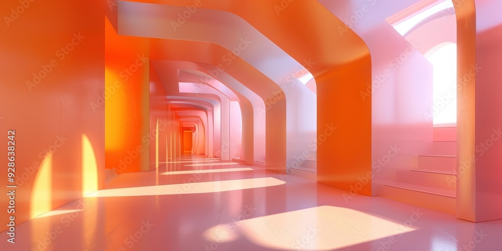 Abstract architectural interior featuring vibrant orange and pink hues with light reflections in a modern space