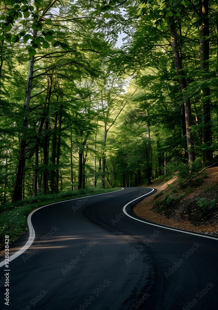 Obraz premium Winding asphalt road through a lush green forest canopy.