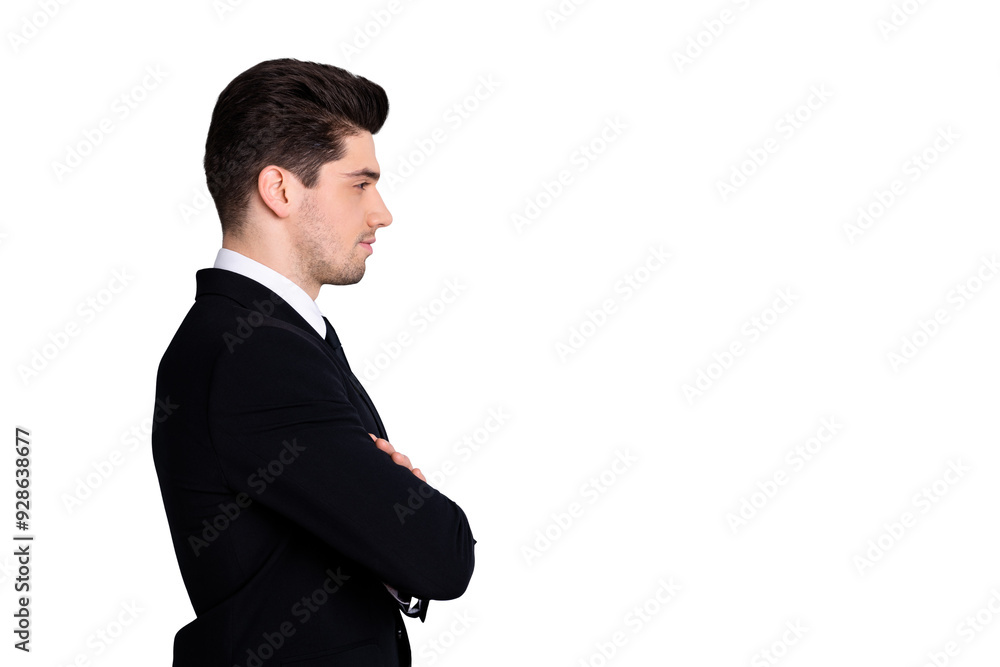 Profile side view photo of glad calm entrepreneur formal wear black jackets feel dream dreamy content investor independent masculine isolated on grey background Profile side view photo of glad calm entrepreneur formal wear black jackets feel dream dreamy content investor independent masculine isolated on grey background