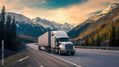 White Logistics truck positioned with snow-capped mountains in the background, emphasizing the contrast between the industrial vehicle and the natural, wintry landscape.