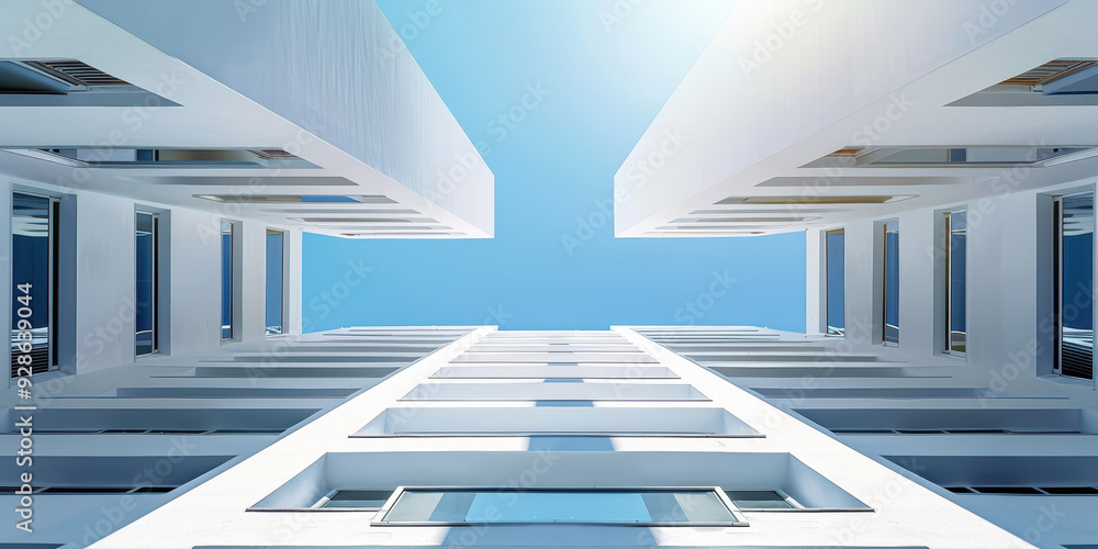 Obraz premium Bright blue sky viewed from between modern architectural buildings showcasing sleek lines and minimalist design