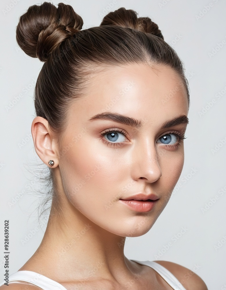 Closeup portrait of a young woman with blue eyes and hair in two buns. Closeup portrait of a young woman with blue eyes and hair in two buns.