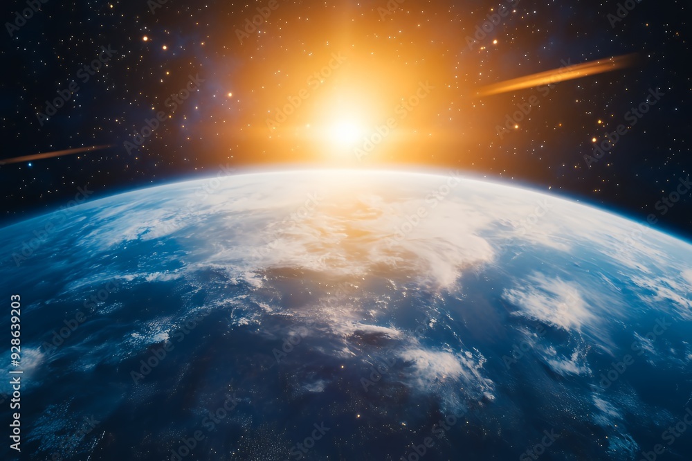 A breathtaking view of Earth from space, with the sun shining brightly over a blue and cloudy planet. A breathtaking view of Earth from space, with the sun shining brightly over a blue and cloudy planet.