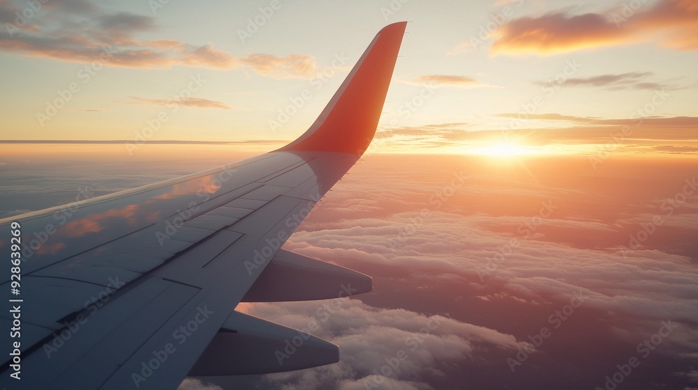 Obraz premium Plane wing on sunset view