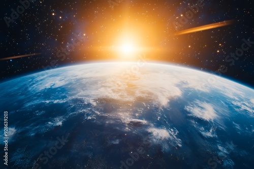 A breathtaking view of Earth from space, with the sun shining brightly over a blue and cloudy planet.