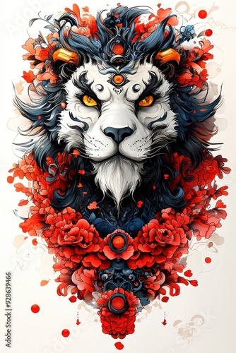 Majestic Lion with Red Flowers