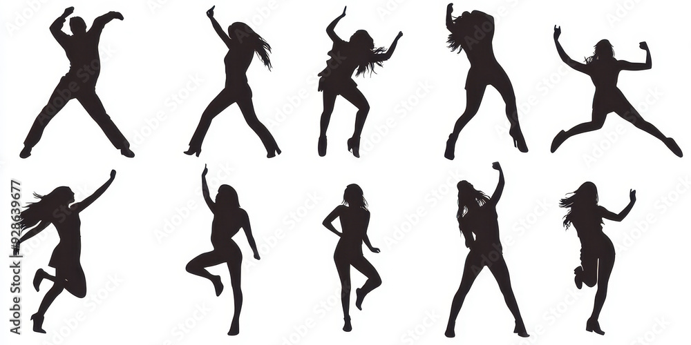 Silhouettes of dancing figures in various poses against a white background Silhouettes of dancing figures in various poses against a white background