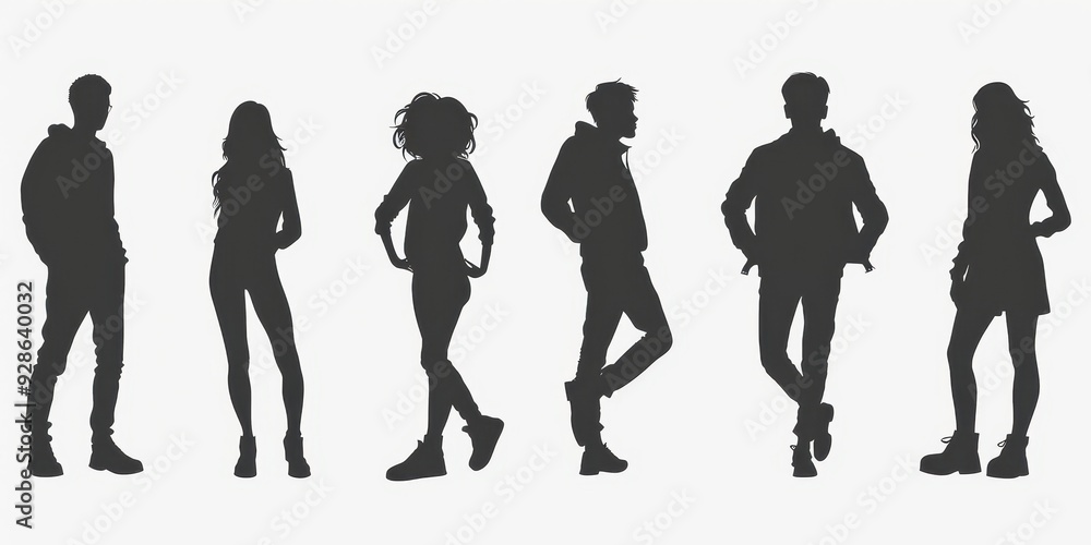 Group of unrecognizable silhouettes representing diverse individuals in casual poses against a plain background Group of unrecognizable silhouettes representing diverse individuals in casual poses against a plain background