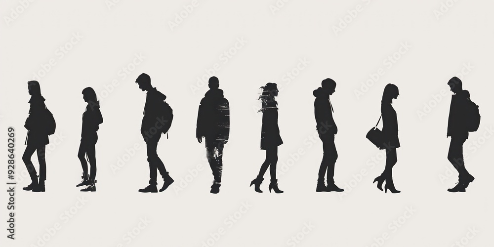 Obraz premium Silhouettes of diverse people walking in various poses against a light background