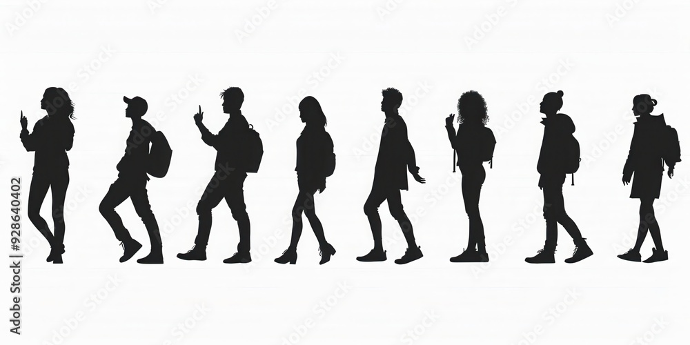 Silhouettes of diverse individuals walking together in a casual urban setting Silhouettes of diverse individuals walking together in a casual urban setting