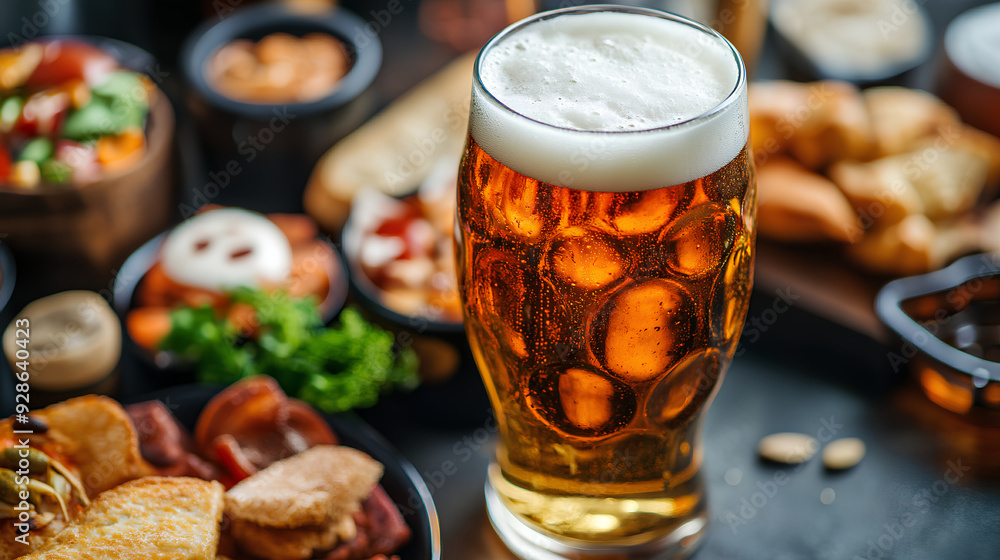 A glass of beer with various snacks on the table, A glass of beer with various snacks on the table,