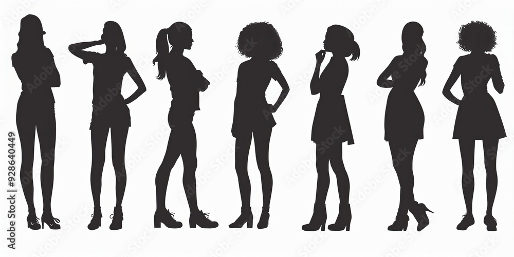 Silhouettes of diverse individuals standing in various poses against a light background Silhouettes of diverse individuals standing in various poses against a light background