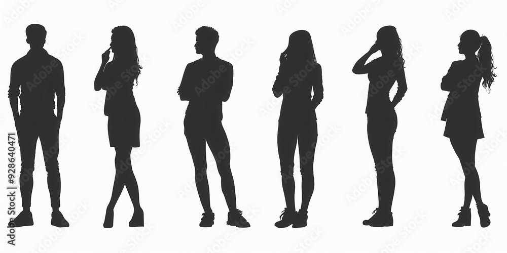 Set of unrecognizable silhouettes of people in various poses against a plain backdrop Set of unrecognizable silhouettes of people in various poses against a plain backdrop