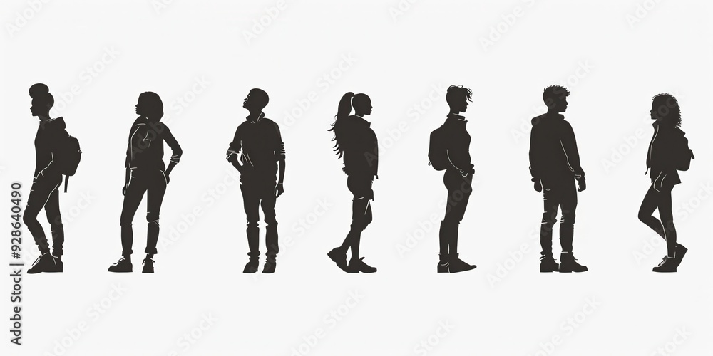 Unrecognizable silhouettes of diverse individuals standing in profile against a neutral backdrop Unrecognizable silhouettes of diverse individuals standing in profile against a neutral backdrop