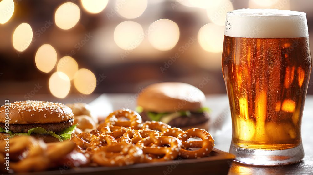 Beers and fast food on a table, close-up with a blurred background Beers and fast food on a table, close-up with a blurred background