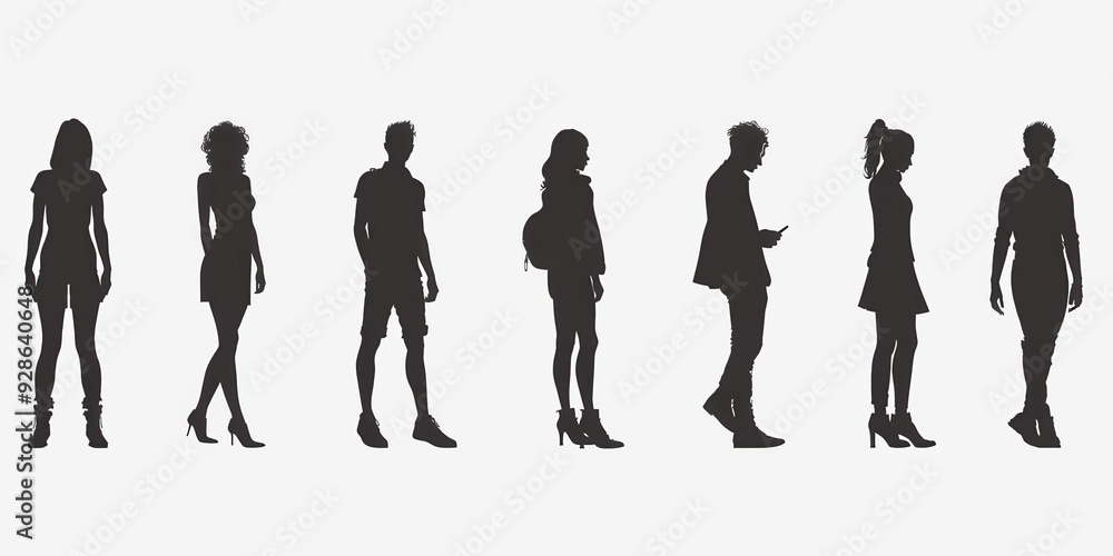 Silhouettes of diverse individuals in various postures and styles against a neutral background Silhouettes of diverse individuals in various postures and styles against a neutral background