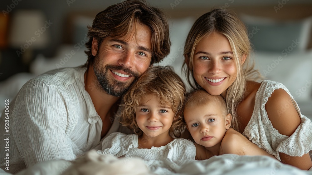 A happy young family is sitting on a bed at a hotel during their summer holiday, smiling at the camera with their two children. A happy young family is sitting on a bed at a hotel during their summer holiday, smiling at the camera with their two children.