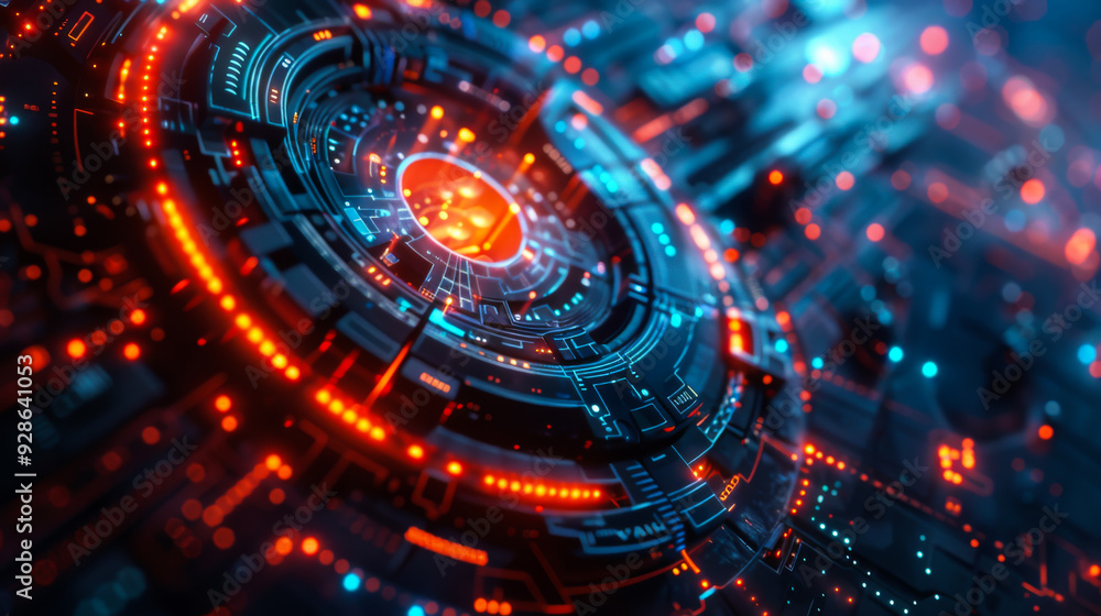 Obraz premium A close up of a glowing, colorful, and abstract design. The design is made up of many small, bright lights that seem to be scattered all over the image. Scene is one of excitement and energy.
