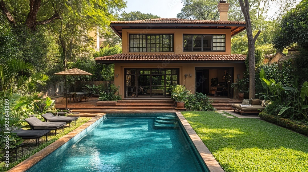 Fototapeta premium outdoors in the backyard garden with a swimming pool house