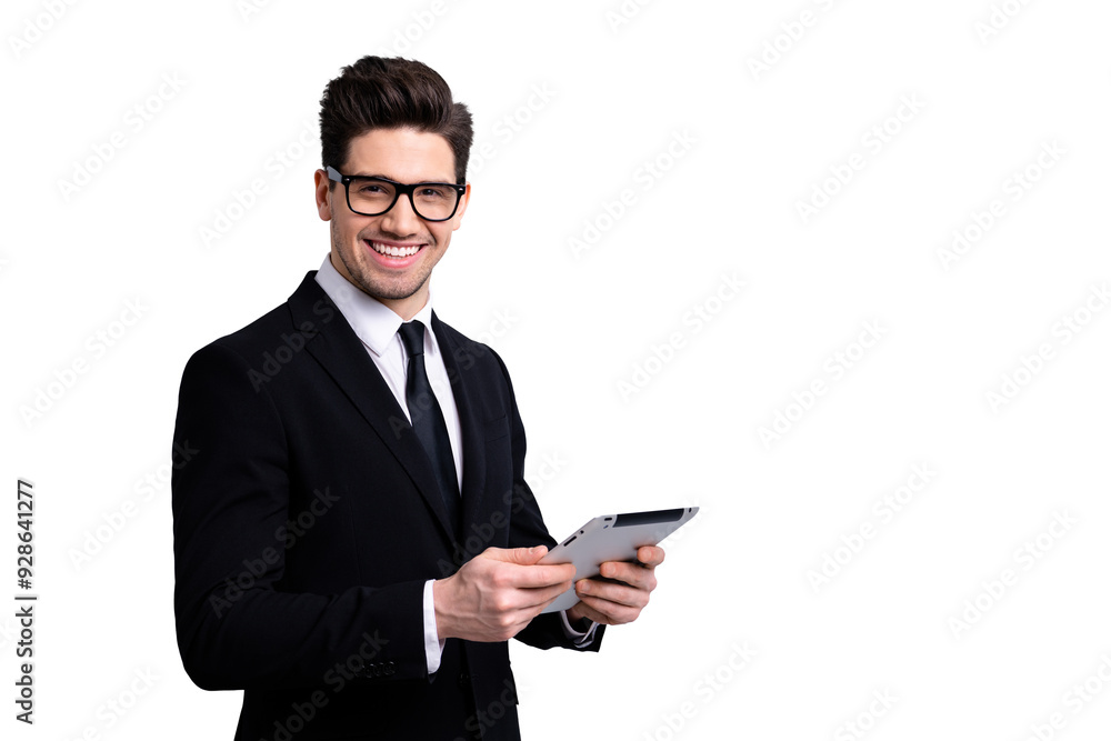 Portrait of his he nice imposing elegant classy attractive cheerful cheery positive guy reading new digital ebook surfing necktie white collar isolated over light gray background Portrait of his he nice imposing elegant classy attractive cheerful cheery positive guy reading new digital ebook surfing necktie white collar isolated over light gray background
