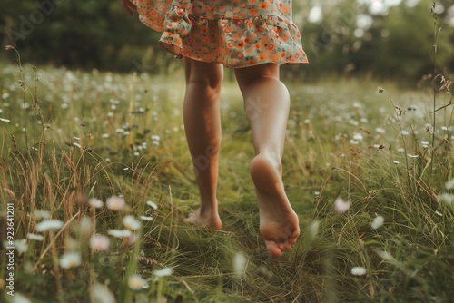 A woman is walking barefoot in a grassy field