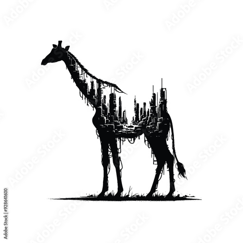 silhouette of Giraffe filled with destroyed futuristic dystopia environment in rough drawing,