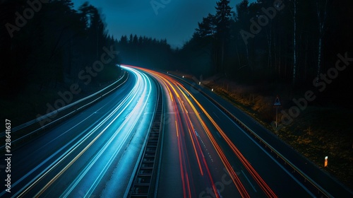 Abstract image of night traffic lights on the road. Car light trails at night in curve asphalt road. Long exposure showing movement of cars from bridge or drone