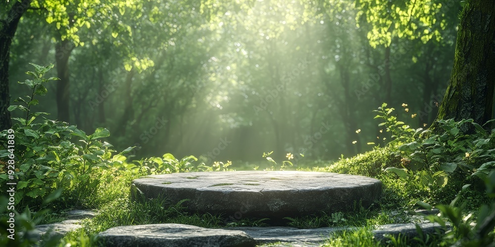 Serene Nature Podium in Lush Green Forest Serene Nature Podium in Lush Green Forest