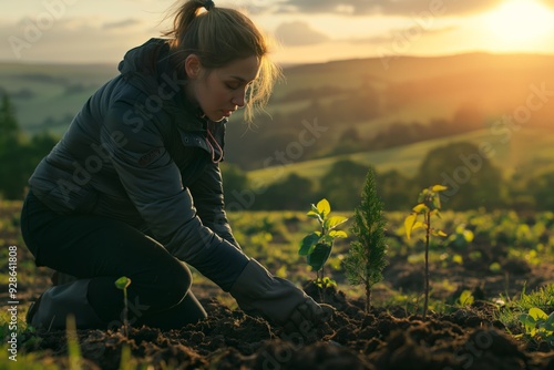 Woman Planting a Tree at Sunset: A Symbol of Hope for the Environment