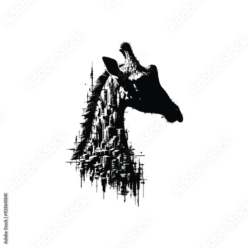 silhouette of Giraffe filled with destroyed futuristic dystopia environment in rough drawing,