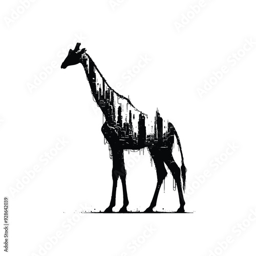silhouette of Giraffe filled with destroyed futuristic dystopia environment in rough drawing,