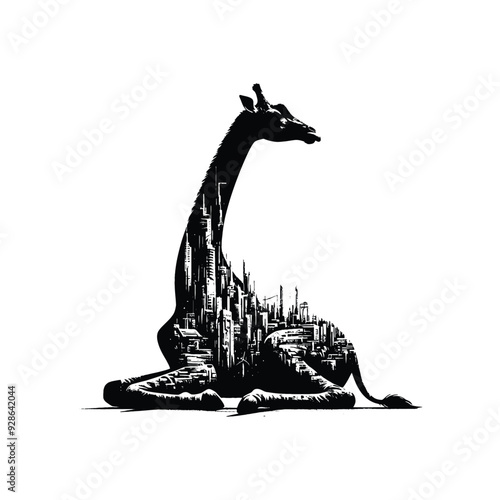 silhouette of Giraffe filled with destroyed futuristic dystopia environment in rough drawing,