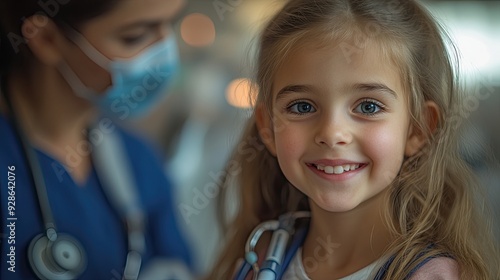 In a hospital room, a nurse is checking on a little girl who has an inhaler.