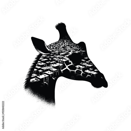 silhouette of Giraffe filled with ghetto street in rough drawing,