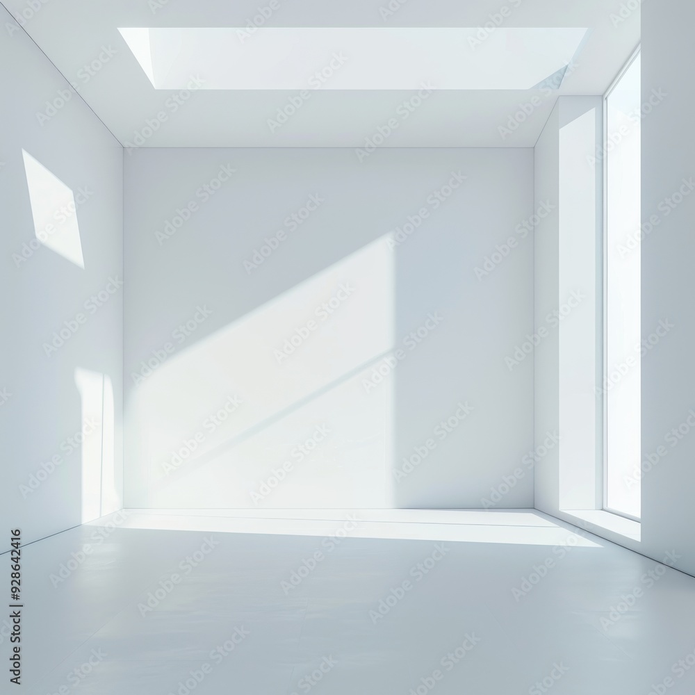 A simple, white, and empty studio with dynamic light and shadow A simple, white, and empty studio with dynamic light and shadow