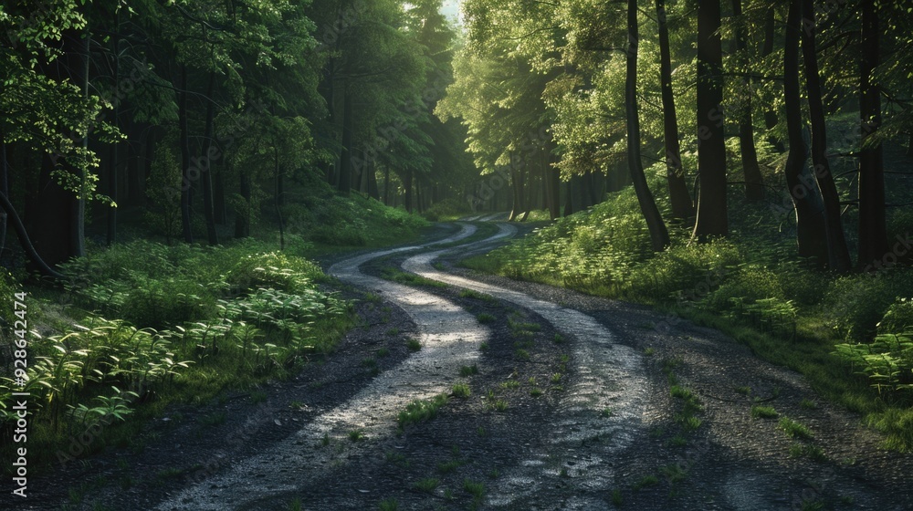 Fototapeta premium A winding dirt road amidst dense forest foliage