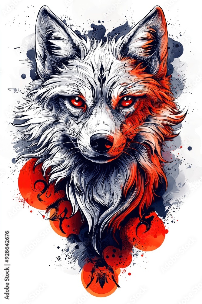 Naklejka premium Fierce Wolf with Red and Black Watercolor Splatter