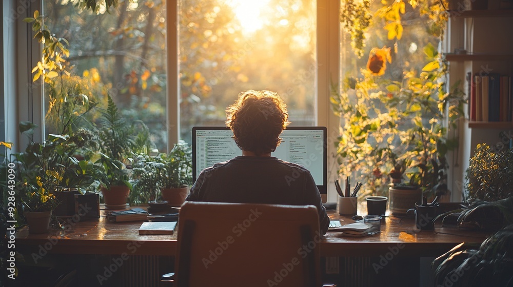 A man is working from home at his desk on a computer. A man is working from home at his desk on a computer.