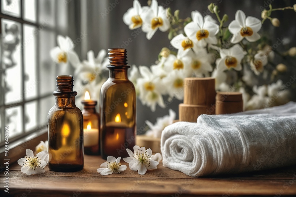 Spa Setting with Essential Oils and Flowers Spa Setting with Essential Oils and Flowers
