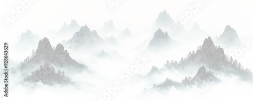 多数の黒い山頂を描いた中国の水墨画