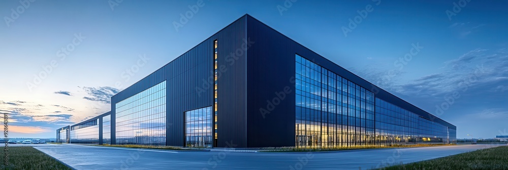Obraz premium Modern industrial building with glass facade at dusk, 3D rendering